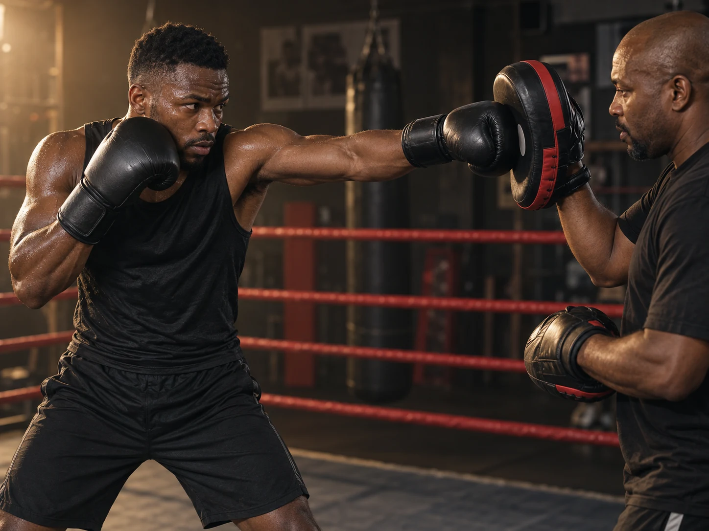 Illustration of a boxer practising a jab with a coach on focus mitts