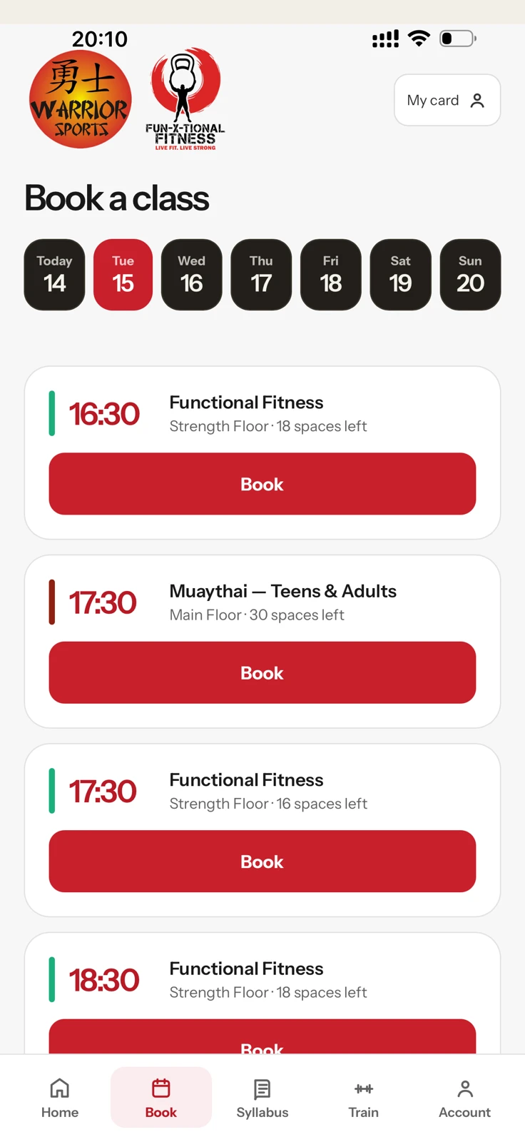 Actual Dojo Hub Book screen showing dates and class booking buttons