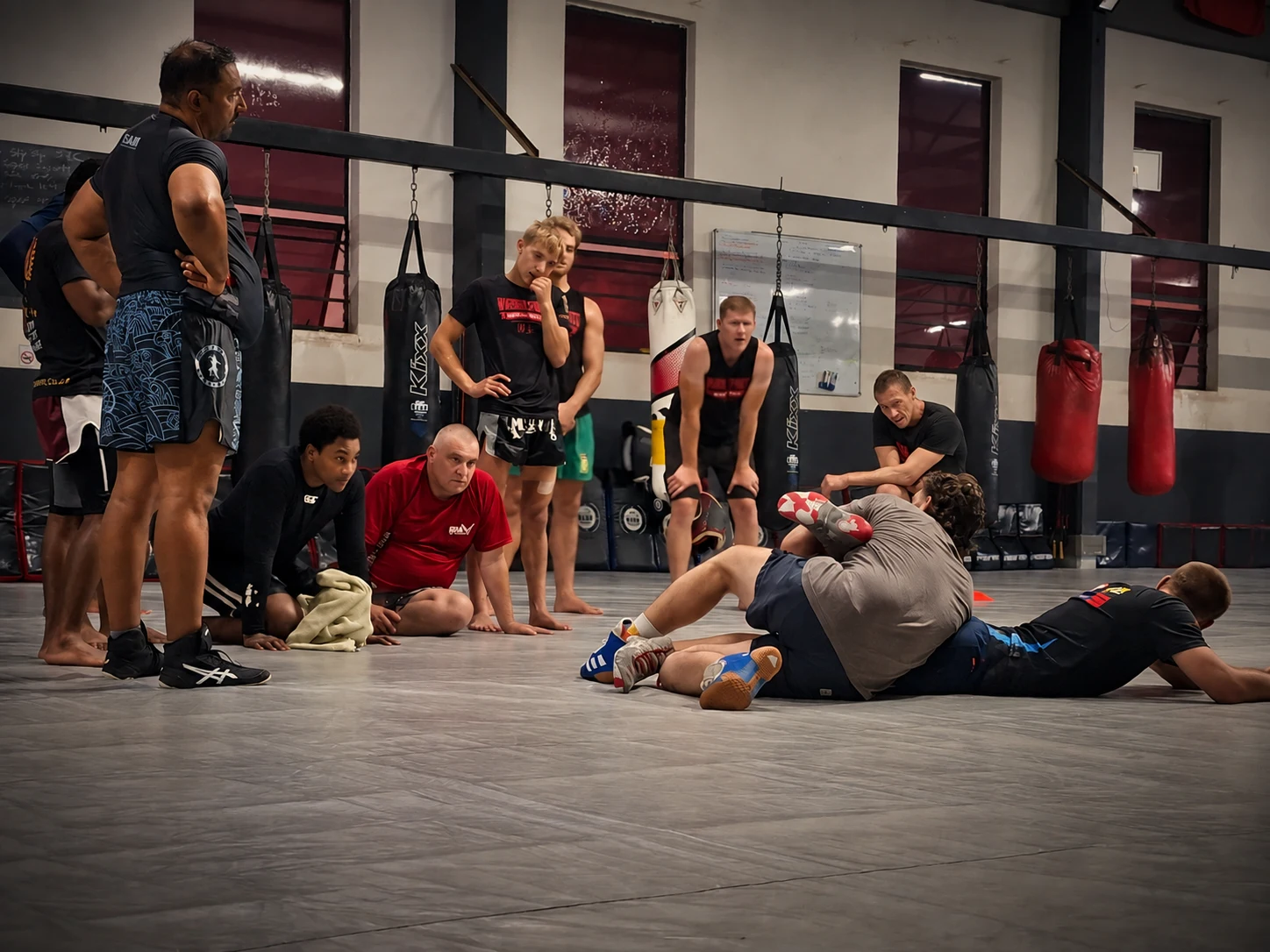MMA class watching a grappling demonstration on the Warrior Sports mats